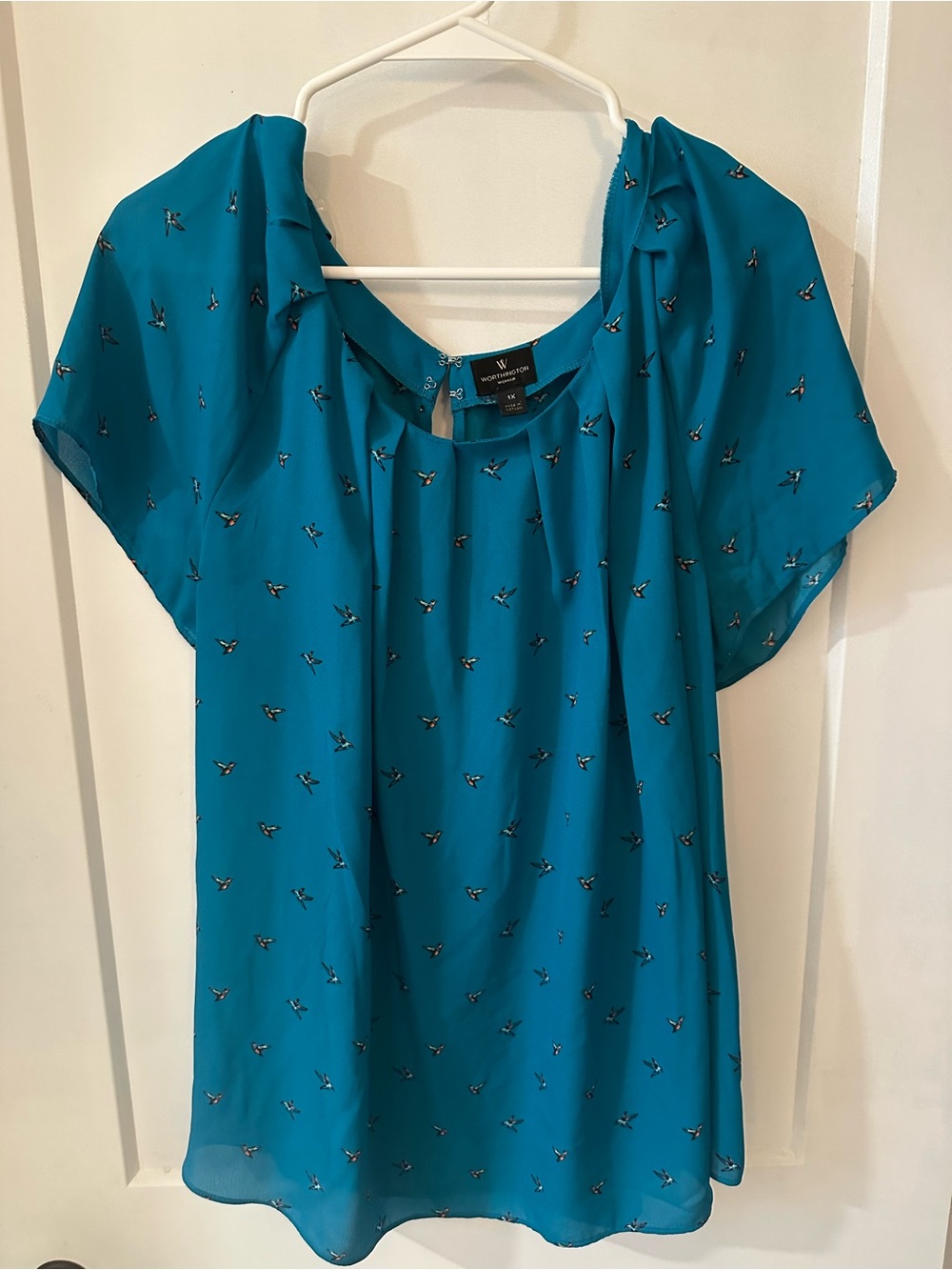 Worthington Teal Short Flutter Sleeve Blouse with Bird Print